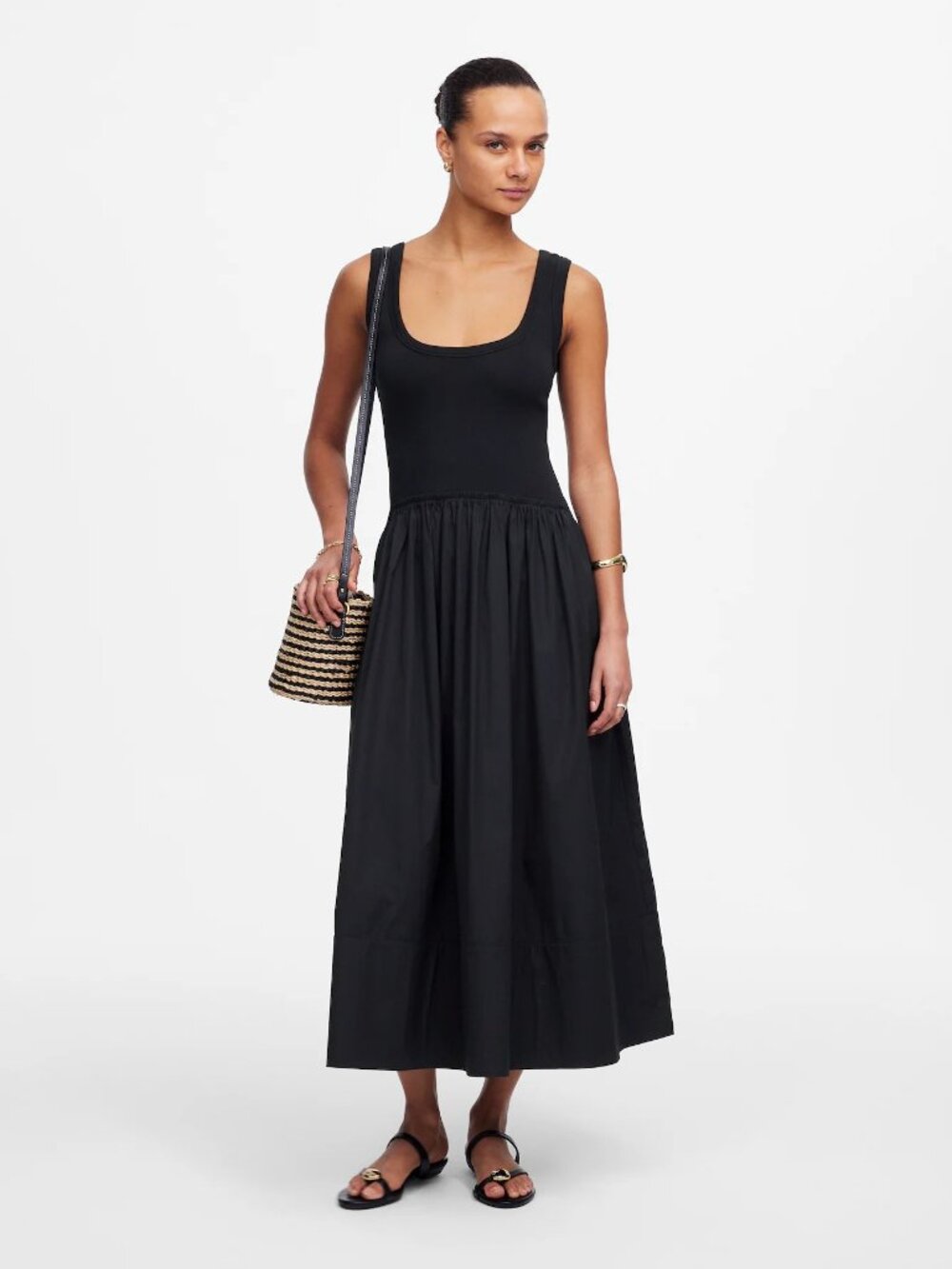 Madewell Mixed Poplin Scoopneck Maxi Dress in Jet Black